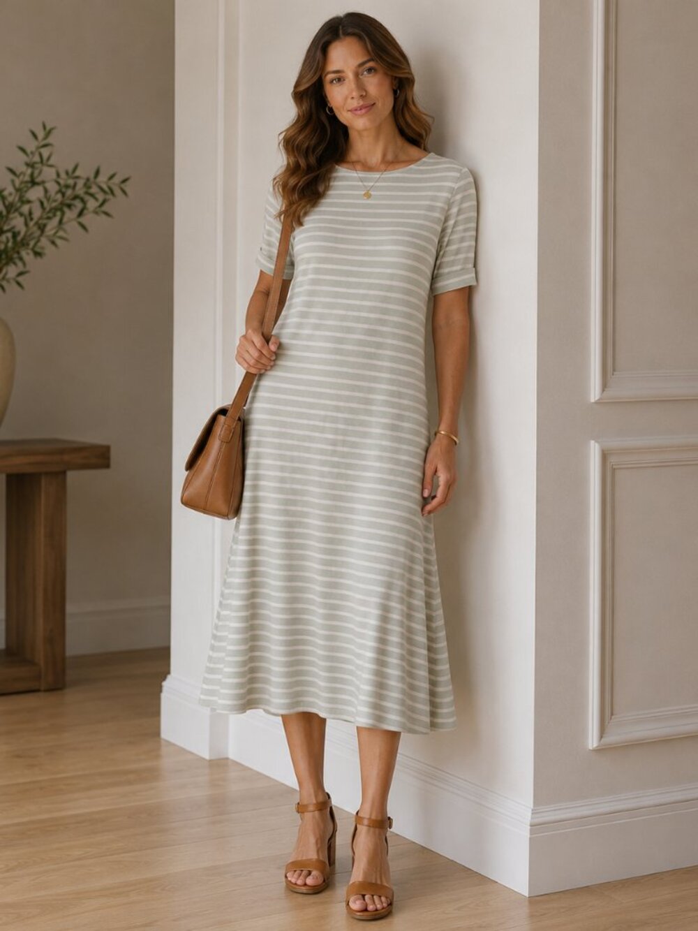 Lauren Ralph Lauren Womens L Sage Striped Cotton Midi Dress Fit Flare Boat Neck
